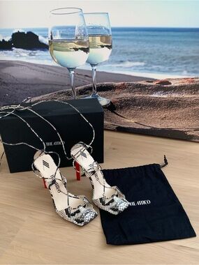 The Attico Black & White Snake-Print Ankle-Tie Sandals with Red Heel